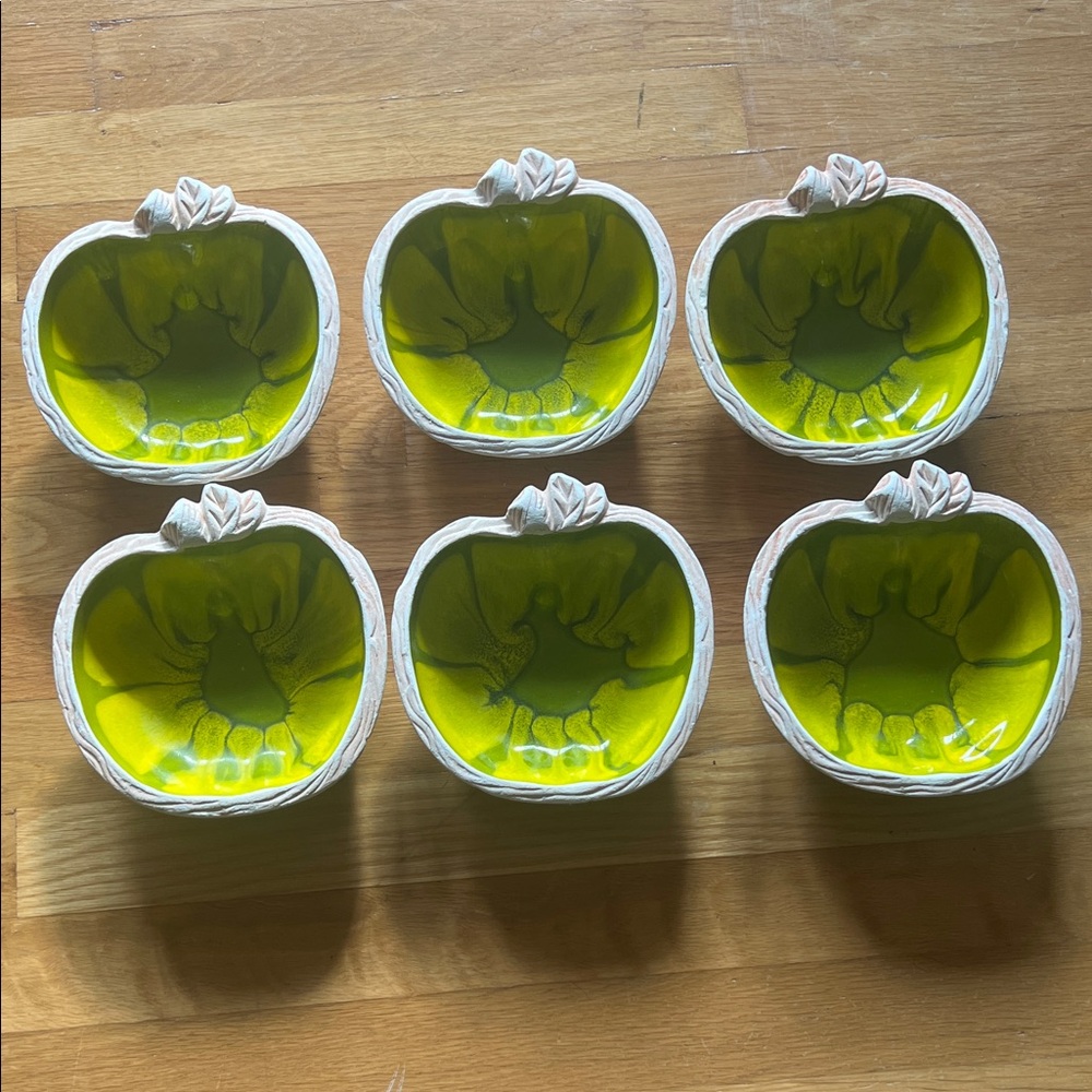 6 Green Apple Shaped Bowls - vintage Apple pottery sequoia ware salad bowls